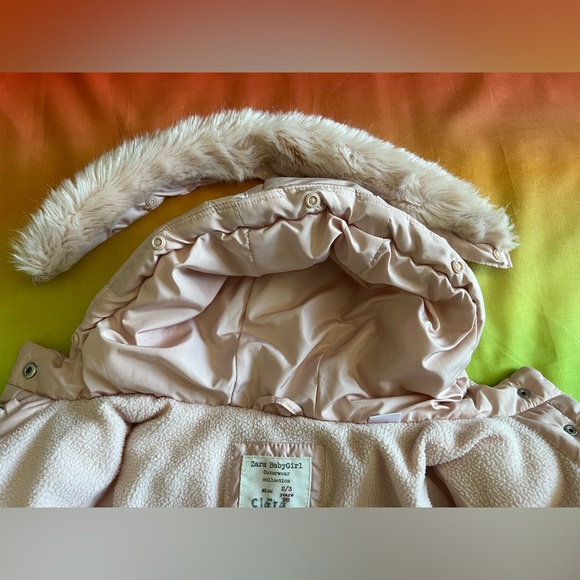 Zara Baby Girl pink hooded zip up puffer jacket with removable fur trim 2-3T - Picture 3 of 8